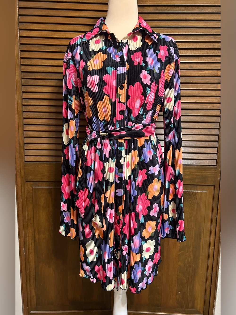 Retro Inspired Multi-color Floral Belted Shirt Dress Size S